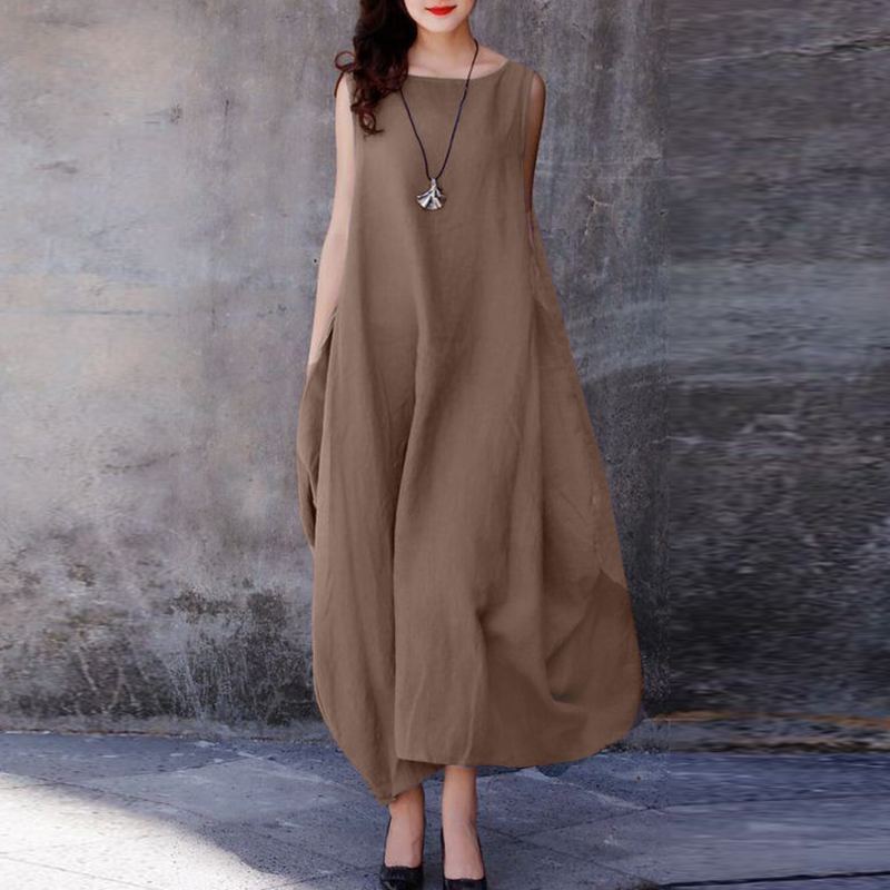 FairyTaill Cotton Linen Loose Swing Casual Solid Color Round Neck Pocket Dress Women's Summer Long Dress Oversize Sexy Dress O-Neck Plus Size 201D054