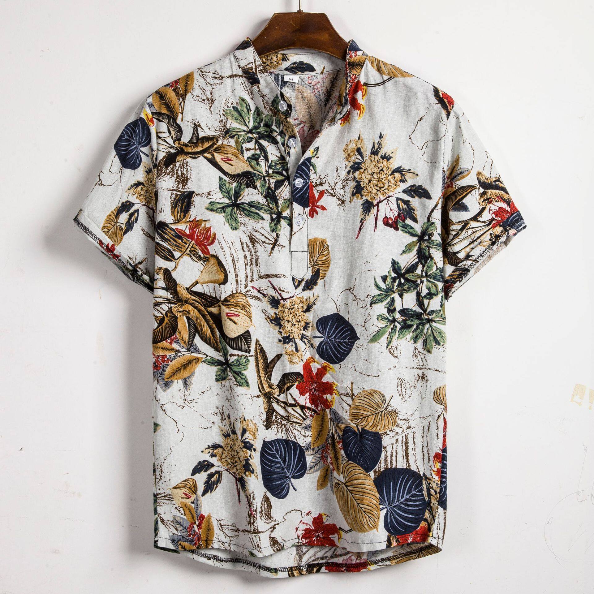Happybuyner Beach Outdoor Men Vintage Print Linen Shirts Summer Short Sleeve Hawaiian Floral Shirts Men Clothes Male Loose Casual Slim Fit Shirt Top M-3XL