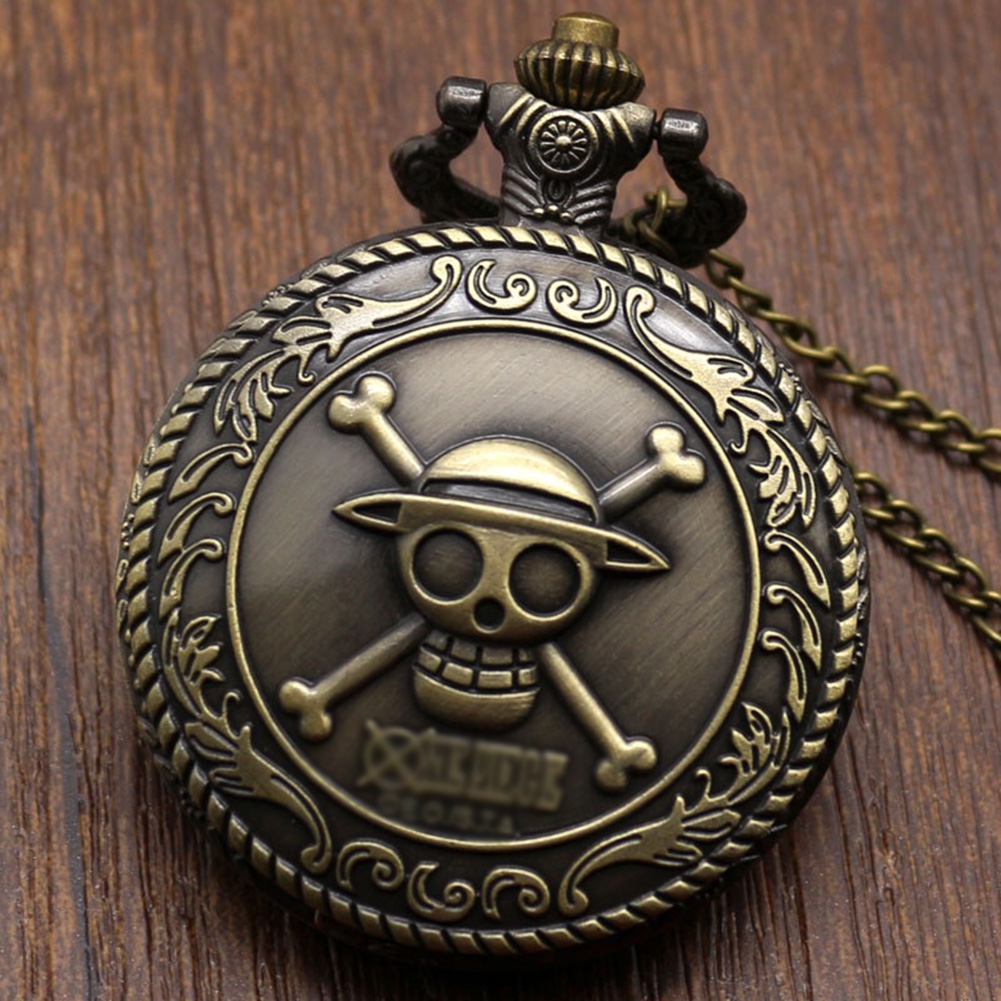 Unisex Vintage Bronze Pirate Skull Pattern Quartz Pocket Watch Pendant Necklace