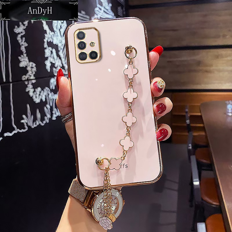 AnDyH Straight Edge Plating Phone case For Samsung Galaxy A51 casing,Precise Camera Protection cases Cute girl style cover with Four leaf clover bracelet