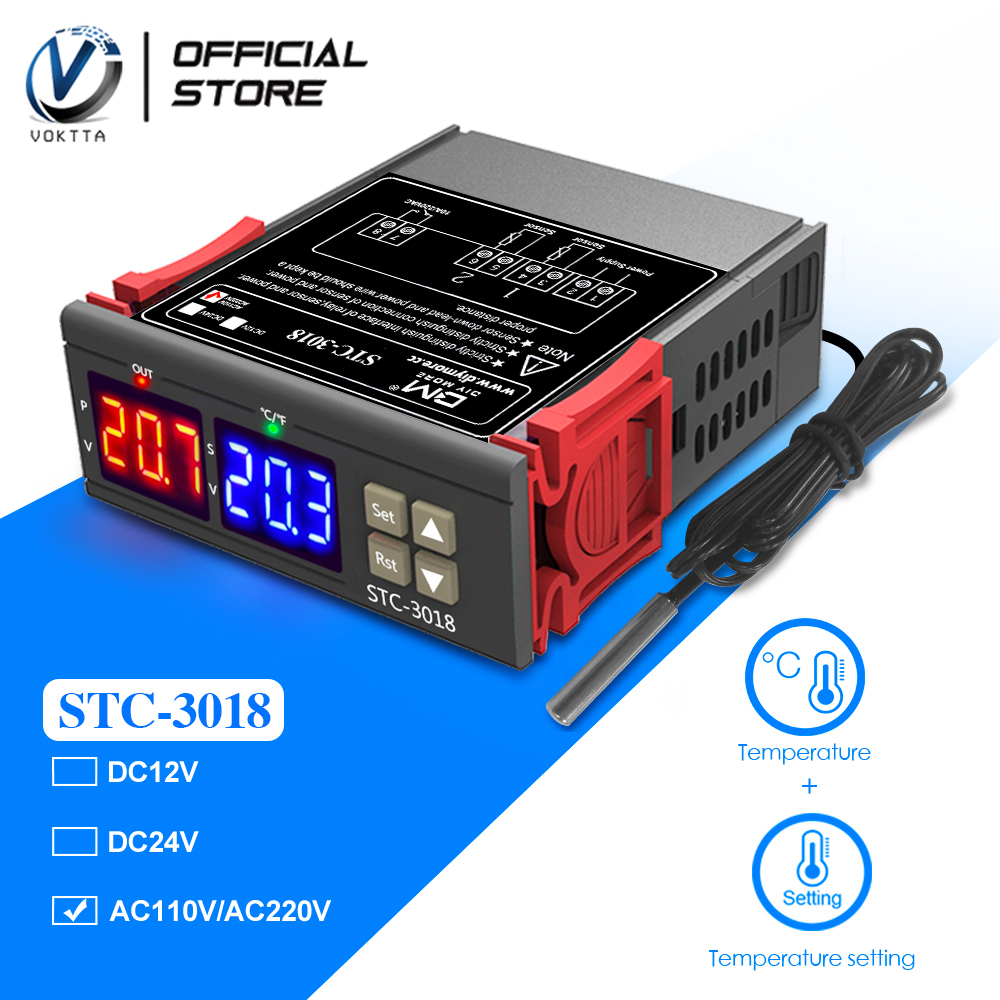 VOKTTA Bộ Điều Khiển Nhiệt Độ Chính Xác Cao STC-3018 Bộ Điều Nhiệt Màn Hình Kỹ Thuật Số Cảm Biến NTC AC110V-220V Phạm Vi Kiểm Soát Nhiệt Độ-55 ℃ ~ + 120 ℃ Đầu Ra Rơ Le