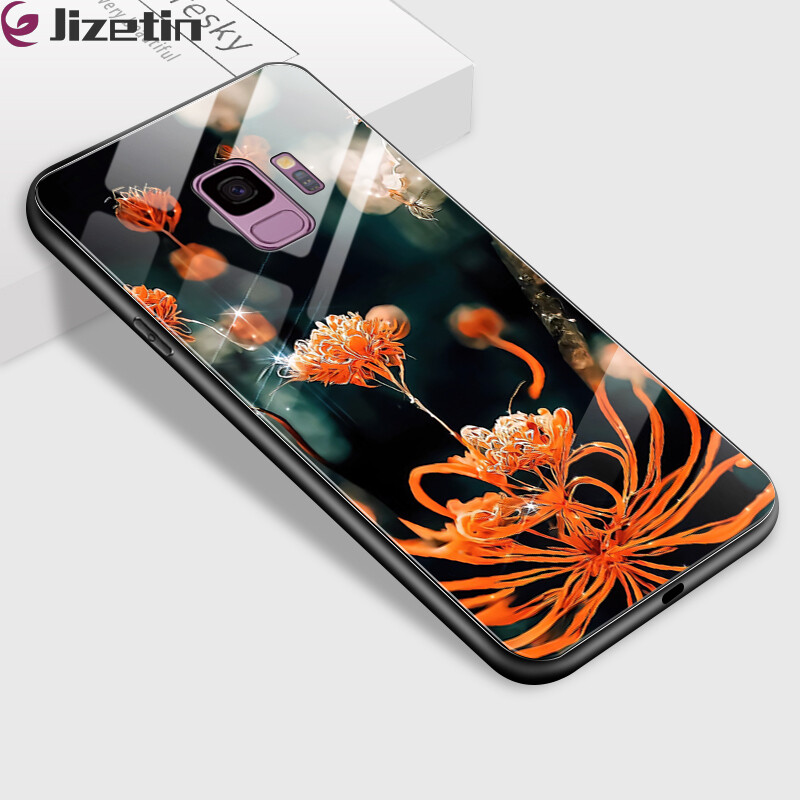 Jizetin Phone Casing For Samsung Galaxy S7 S7 Edge S8 S8 Plus S9 S9 Plus Luxury Equinox Flower Series Design Shockproof Glossy Case Tempered Glass Back Cover Casing