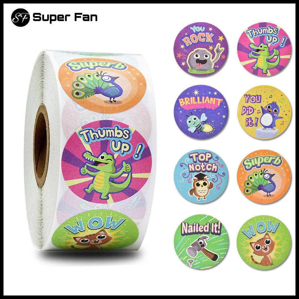 (Super Fan) 500pcs/roll Cute Cartoon Animals Reward Stickers for Teacher Students Encouragement Words