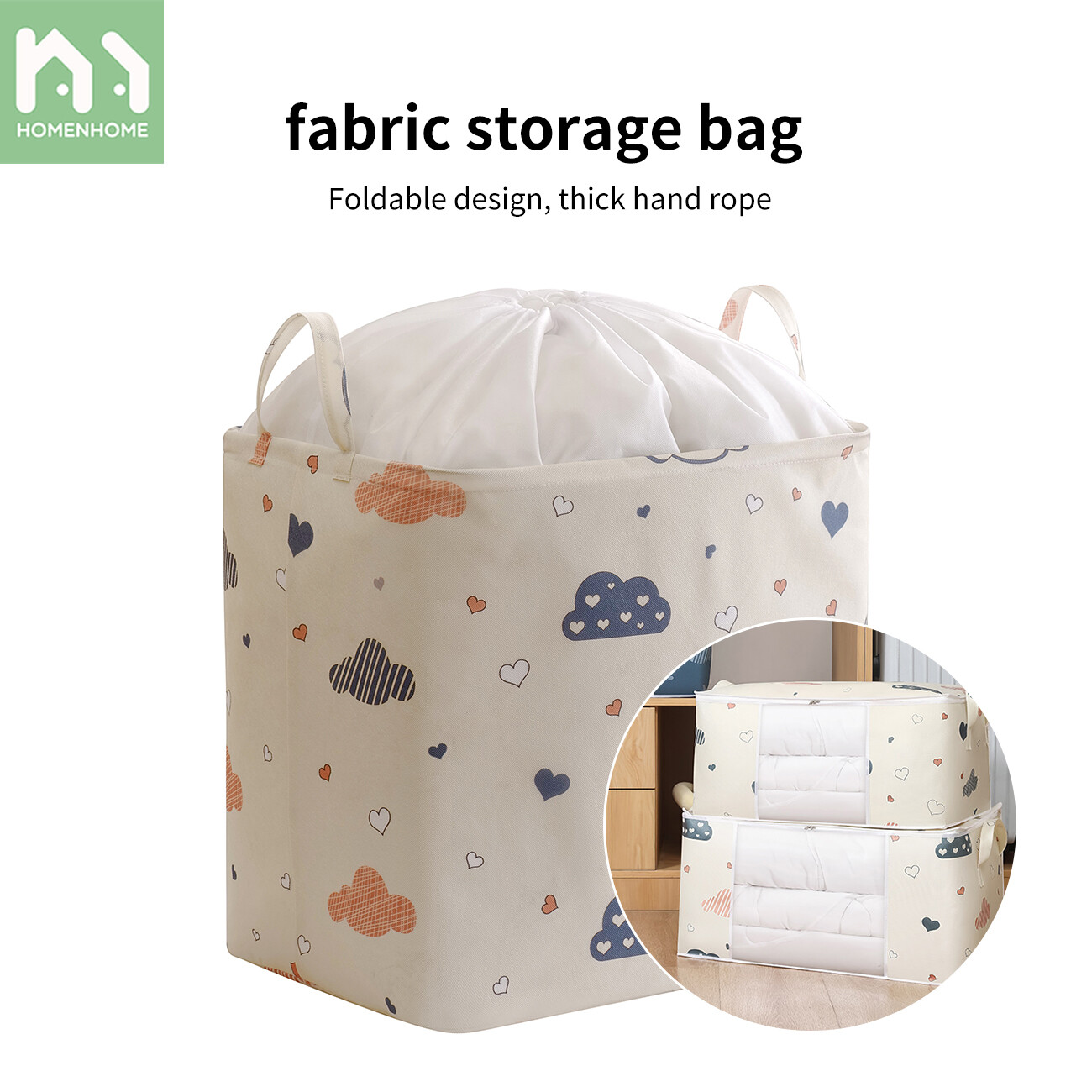 Homenhome 75L/100L Waterproof Cartoon Home Clothes Organizer Foldable Clothes Quilt Storage Bag Stackable Dustproof Luggage Storage Bag with Window