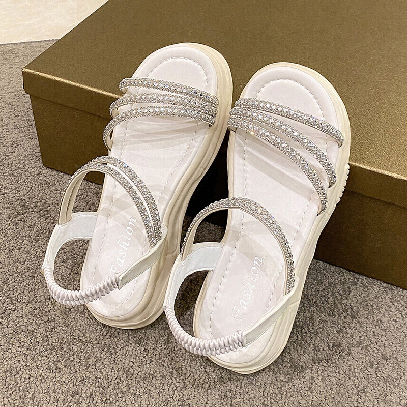 Thick-soled Sandals Women's New Summer Korean Version with Casual Rhinestones Beach Roman Youth Sandals