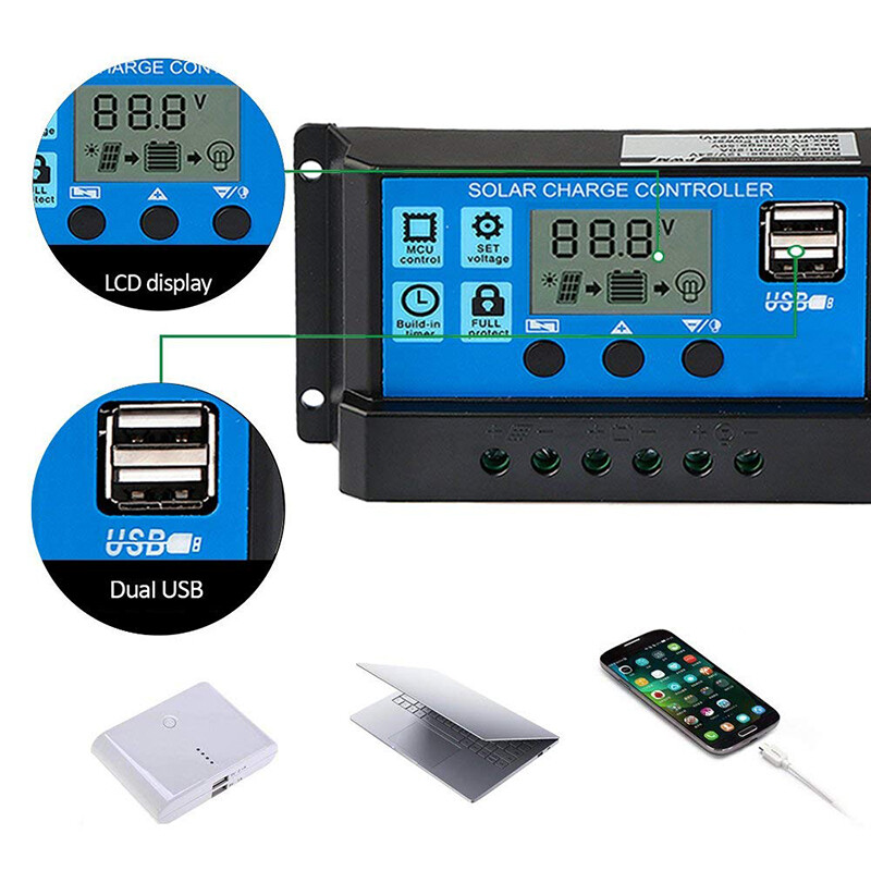 Solar controller 12v/24v 30a 20a 10a solar regulator pwm battery charger lcd display dual usb 5v output