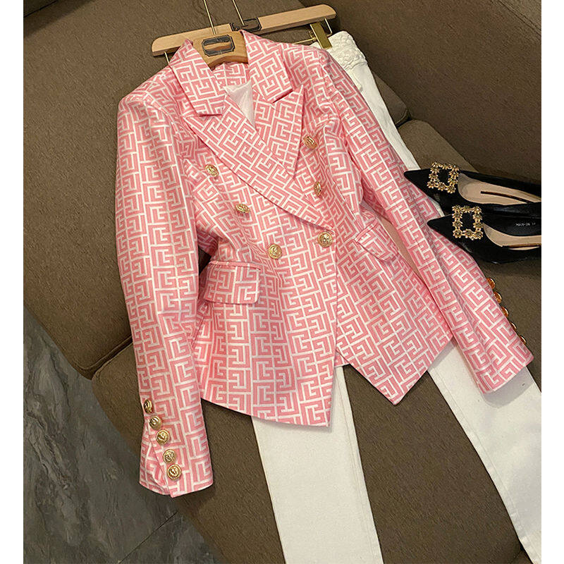 Spring 2022 New Fashion Double Breasted Geometric Jacquard Slim Fit Blazer Formal Coat