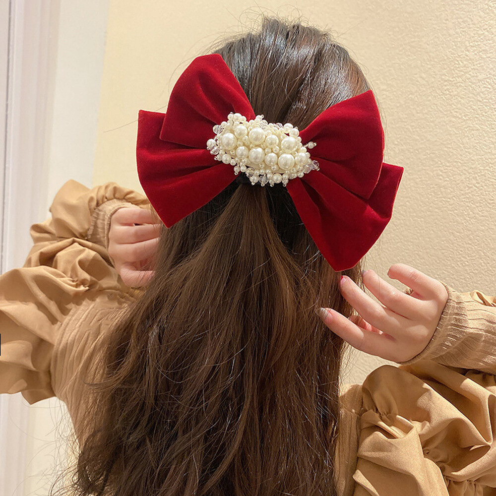 New Fashion Women Girls Sweet Hair Accessories Ponytail Holder Pearl Barrette Velvet Hairpin Bow Hair Clips