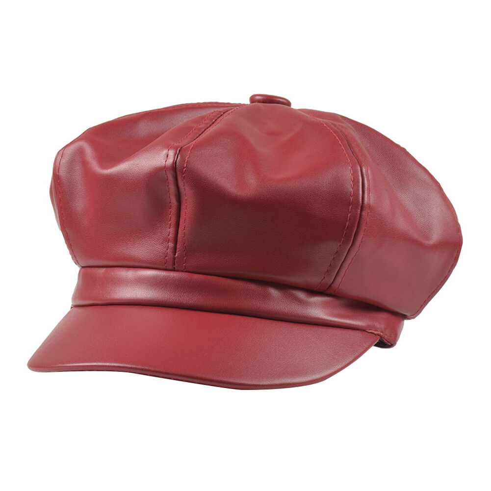 Women Vintage Faux Leather Solid Color Outdoor Beret Painter Flat Hat Peaked Cap