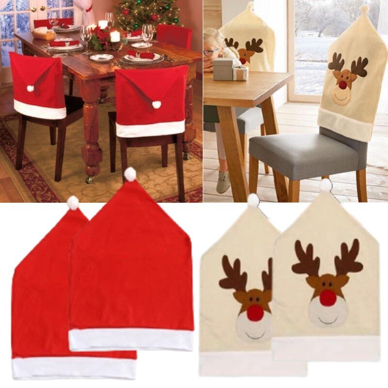 【iloverosemerry】hristmas Hat Chair Cover Xmas Santa Claus Deer Elk Dining Chair Covers for