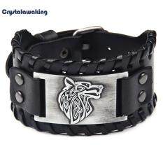 Vintage Men Dệt Bangle Da Rộng Điều Chỉnh Wolf Head Bracelet Trang Sức