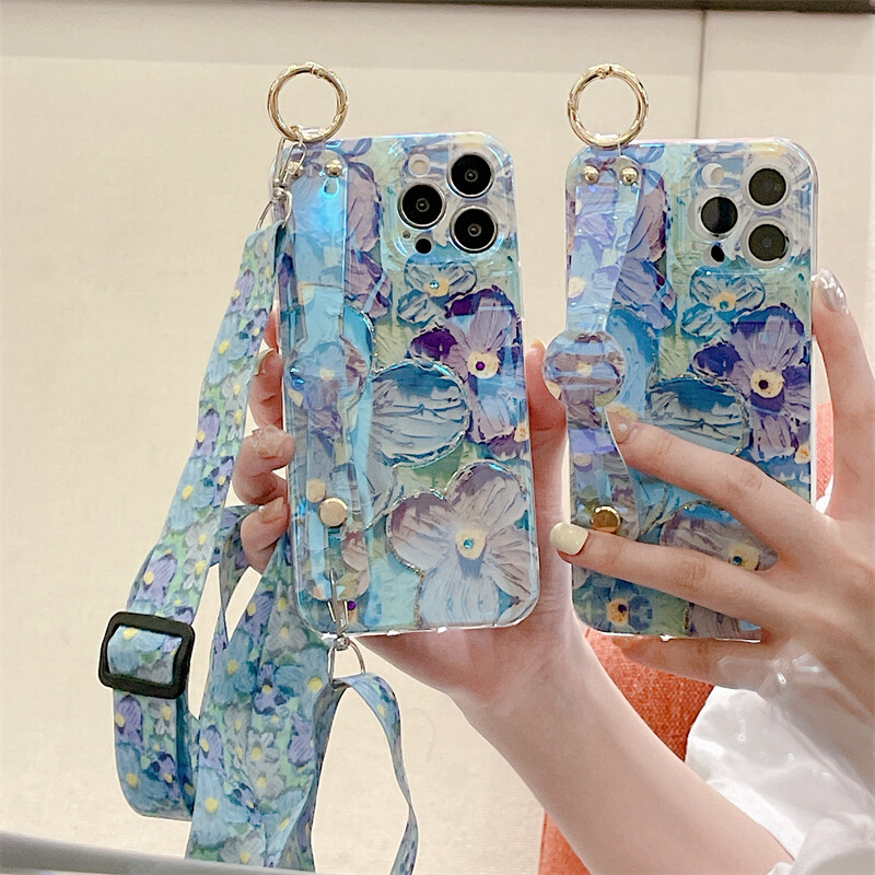 Case for iphone 13 13 pro 13 pro max 7 8 7 plus 8 plus x xs xr xs max 11 11 pro max 12 12 pro 12 pro max purple flower blu-ray fashion phone case imd wristband phone cover shell with lanyard