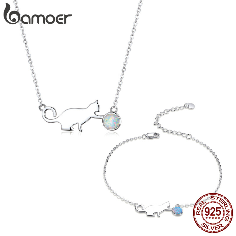 BAMOER 925 Sterling Silver Kitty Cat with Ball Opal Chain Necklace Bracelet Jewelry Sets Statement Jewelry Gifts ZHS193