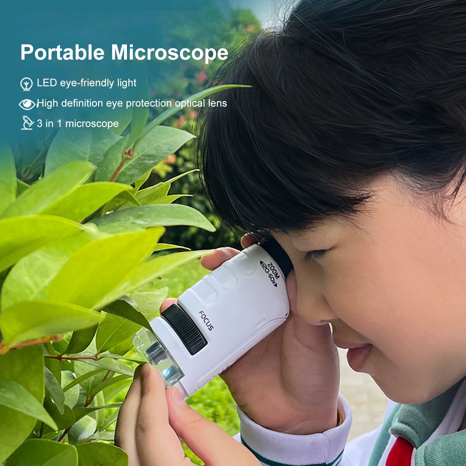HZY 60-120X Student Microscope Protect Eyesight Practical Ability Nature-Watching Adjustable Focusing Mini Pocket Microscope Toy Daily Use