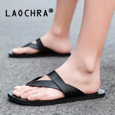 LAOCHRA Flip Flops Summer Slippers Men Beach Sandals For Men Fashion Black Men Flip Flops Casual Genuine Leather Sandals Soft Men