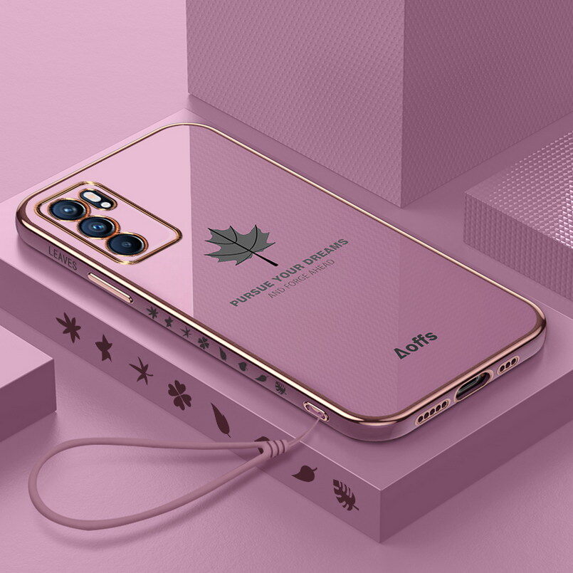 Zeallion Plating Cute Maple Leaf Phone Case For [OPPO Reno 2 Z F 3 4 4G 5 6 7 8 9 10 SE Z Pro Plus 5G] Ultra-thin Shockproof Silicone Phone Case Cover with Lanyard
