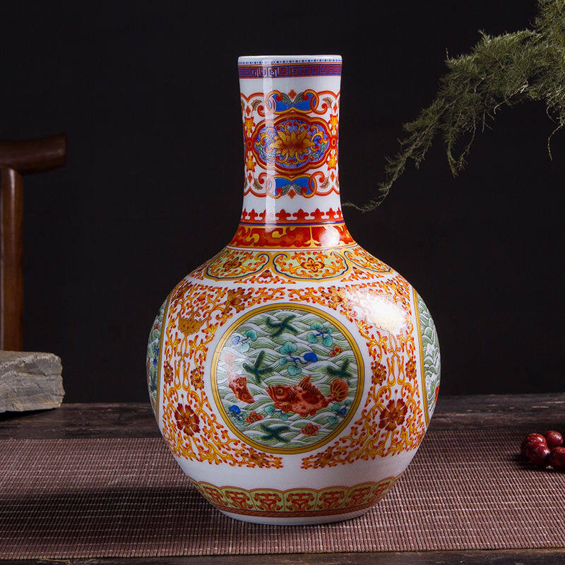 24CM Ceramic Vase With Wooden Base Ornaments Home Decorations Furnishings Flower Arrangement Home Crafts Modern