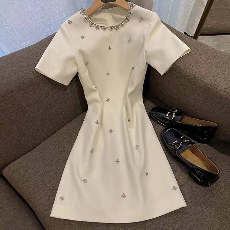 French Solid Color Dress Summer Plus Size Temperament Casual Short Sleeve Dress A-Line Dress