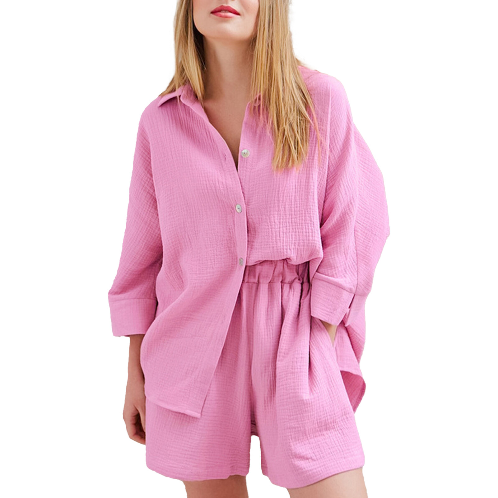 Huahankuang 2 Pcs/Set Lady Shirt Shorts Set Elastic Waist Button Lapel Solid Color Loose Sleeping Deep Crotch Daily Wear Summer Pajamas Set Women Clothes Lady Shirt Shorts