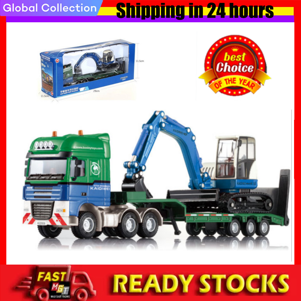 【High Quality+Ready Stock】Hot sale Alloy transport truck model 1:50 flatbed trailer with excavator transporter semi-trailer toy Children's Toys