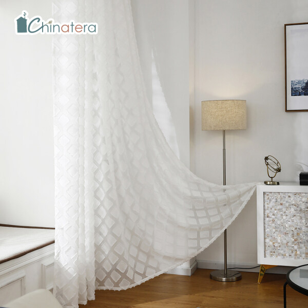 Rèm Vải Tuyn In Hình Vuông Chinatera, 1 Tấm Màn Mỏng Trong Suốt, Dùng Cho Phòng Khách, Phòng Ngủ