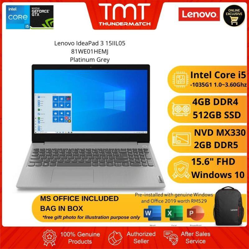 Lenovo IdeaPad 3 15IIL05 81WE01HEMJ Grey Laptop | i5-1035G1 | 4GB RAM 512GB SSD | 15.6 FHD | MX330 | W10 |MS OFFICE+BAG Malaysia