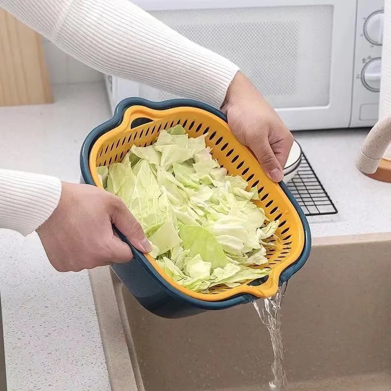 Houseeker Double-Layer Drain Basket Plastic Kitchen Household Fruit Vegetable Washing Drainer Box Washing Basin Storage Container