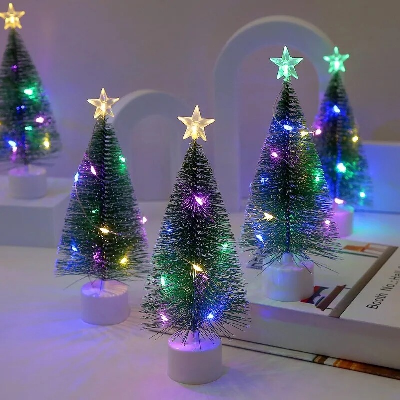Mini Christmas Tree Ornaments with String Lights Pine Needle Xmas Tree for Home Desktop New Year Party Decoration Christmas Gift
