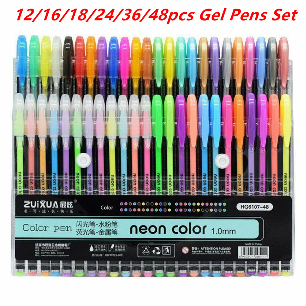 12/16/18/24/36/48pcs Gel Pens Set Metallic Pastel Glitter Neon Marker Pen Adult Colouring Book