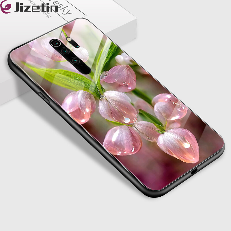 Jizetin Phone Casing For Xiaomi Redmi Note6 Note7 Note8 Note 8 Pro Note 8T Luxury Pink Flowers Crystal High Definition Design Shockproof Glossy Case Tempered Glass Back Cover Casing