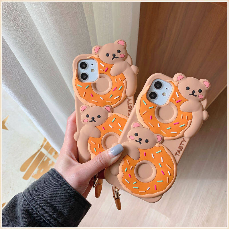Cartoon 3d Shockproof Soft Cover for Iphone 11 12 Pro Max Xr Xs Max Cute Donut Bear with Pendant Back Cover for Iphone 7 8 Plus Casing