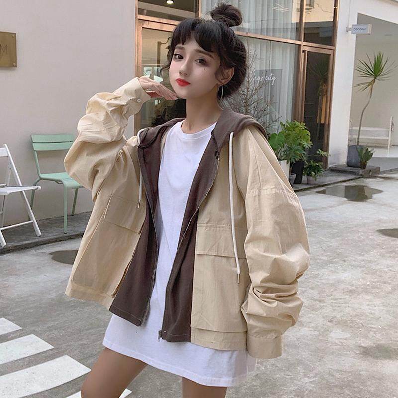 Contrast Stitching Wild Loose Baseball Uniform Hooded Overalls Jacket