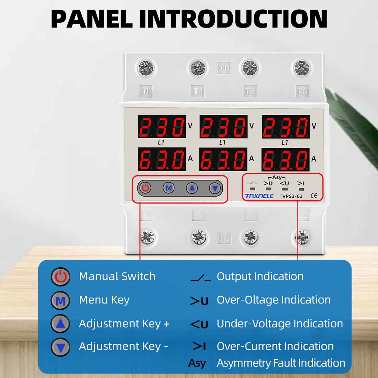 Three Phase Voltage Current Relay Protector 100A 63A 220V 380V 3P Over Under Voltage Relay Current Limiter Adjustable Protect