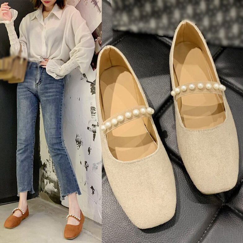 Giày Bệt Nữ Với Ngọc Trai, Giày Đế Bằng Mary Jane Thường Ngày Cổ Điển (Da Lộn) giá rẻ