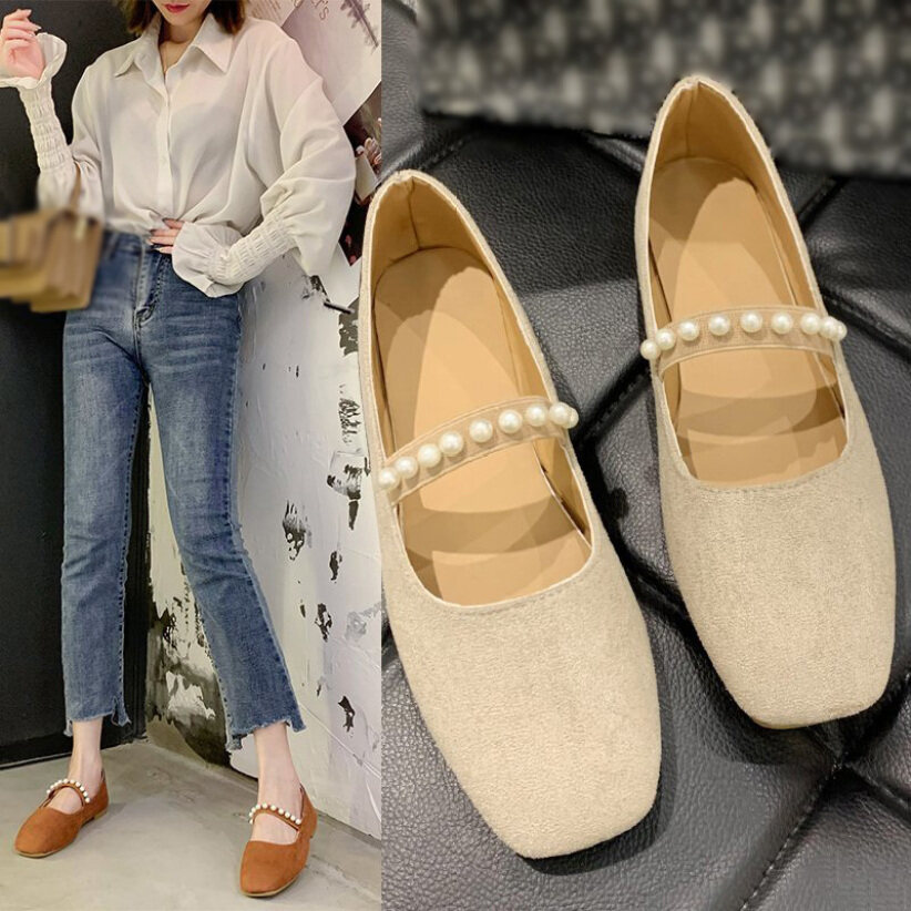 Giày Bệt Nữ Đính Ngọc Trai, Giày Đế Bệt Mary Jane Cổ Điển (Da Lộn) giá rẻ