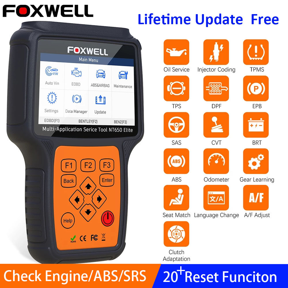 Foxwell nt650 ยอด OBD2 สแกนเนอร์ตรวจสอบรหัสเครื่องยนต์อ่าน TPMS/ BMS/epb/น้ำมัน/ABS/SAS/ DPF/คันเร่งปรับรีเซ็ตเครื่องมือวิเคราะห์ OBD 2 odb2 ยานยนต์สแกนอัตโนมัติ