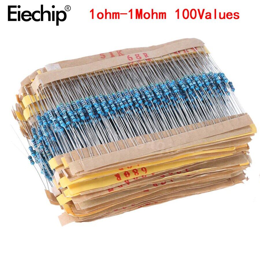 2000 pcs 100 values 1/4w 1m metal film resistor assorted kit 1 ohm - 1m ohm metal film resistor kit assortment set 1r-1mr