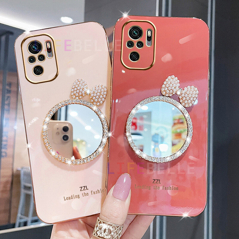 LIFEBELLE Casing for Xiaomi Redmi Note 10S / Redmi Note 10 4G Case + Rhinestone Makeup Mirror, Fashion Cute Bowknot Shiny Plating Square Edge Slim Phone Cases Soft TPU Silicone Shockproof Casing Protective Cover Women Girls