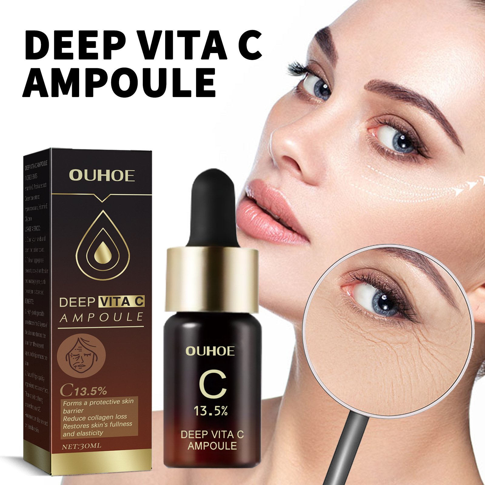 Ouhoe Sâu Vitamin C Ống Giữ Ẩm Thắt Chặt dưỡng ẩm cho da chống nhăn Chống Lão Hóa Giảm fine line S An Toàn Nhẹ Nhàng Vitamin C Chống Nhăn Tối dụng cụ xóa vết thâm Tinh Chất 30Ml Vita C Ống tinh chất chăm sóc da mặt chống lão hóa fine line Remover Chăm Sóc