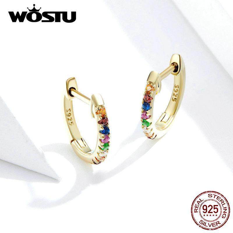 Wostu Real 925 Sterling Silver CZ Cầu Vồng Tình Yêu Khuyên Tai Tròn Cho Nữ Phụ Nữ Tinh Tế Trang Sức Thời Trang Nhỏ Bé Berloque Tháng 9