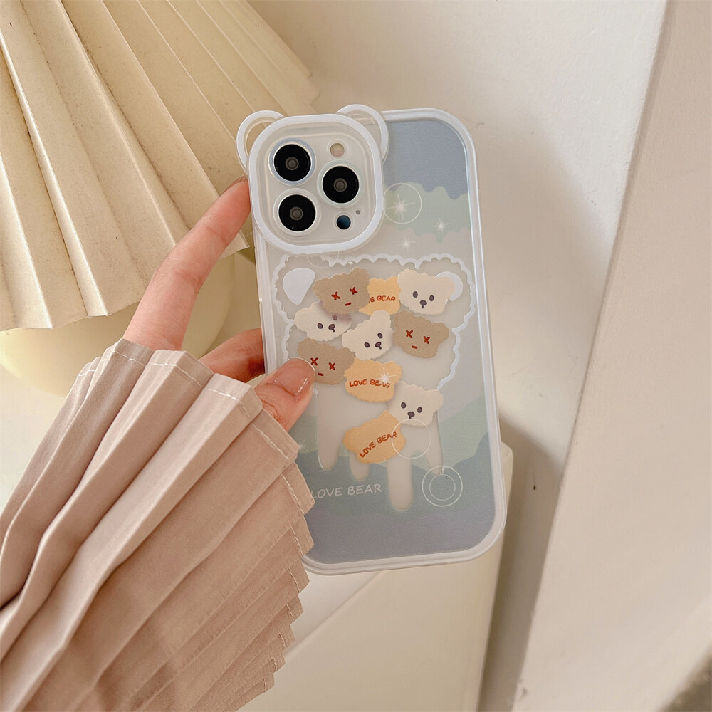 Cute bear lens for iphone 13 11 12 pro max phone case for iphone x xr xs max fashion cartoon bear pattern phone case