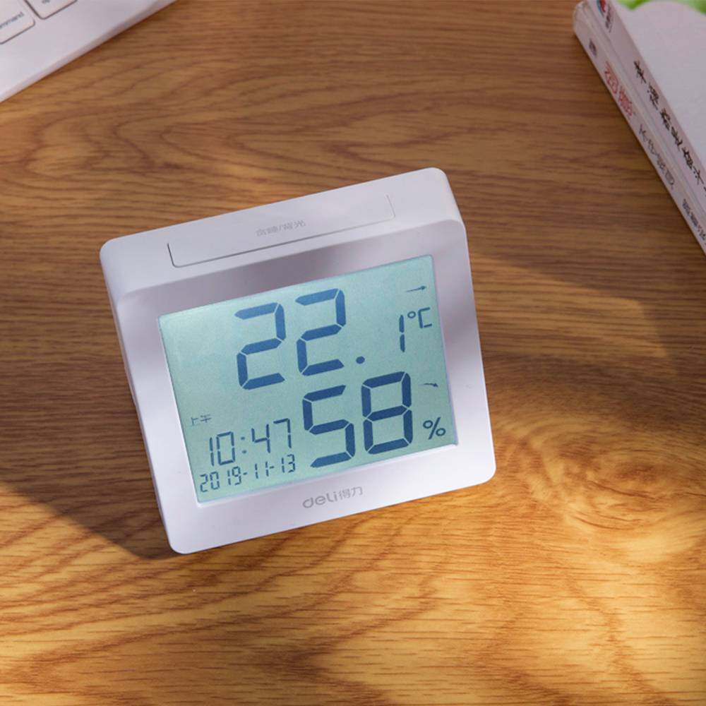 Máy Đo Độ Ẩm Nhiệt Độ Điện Tử Đèn Nền Deli Với Màn Hình LCD Kỹ Thuật Số Lớn Nhiệt Kế Đo Độ Ẩm Đồng Hồ Báo Thức Ngày Nhiệt Độ Trong Nhà Sử Dụng Kép Nhiệt Kế An Toàn Gia Dụng, Cảm Biến Độ Ẩm Dành Cho Khách Sạn Phòng Khách