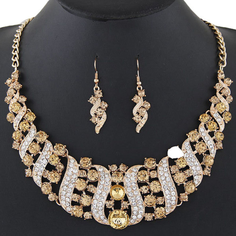Gravitational wave Rhinestone Inlaid Chain Necklace Hook Earrings Bridal Wedding Party Jewelry Set
