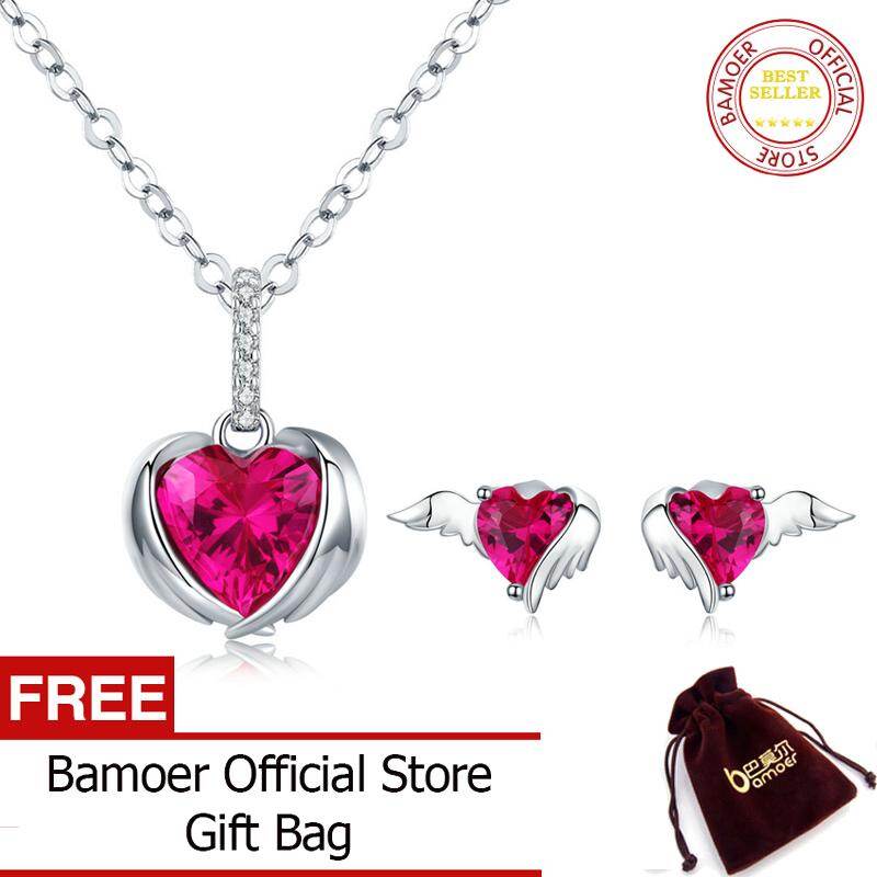 BAMOER 4 PCs Guardian Wings Heart Pendant Necklace Stud Earrings Jewelry Sets for Women 925 Sterling Silver Jewelry ZHS146