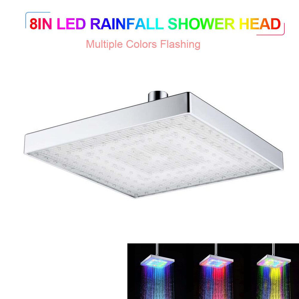 LEDs Rainfall Shower Head Square Shower Head Automatically RGB Color-Changing Temperature Sensor Showerhead for Bathroom