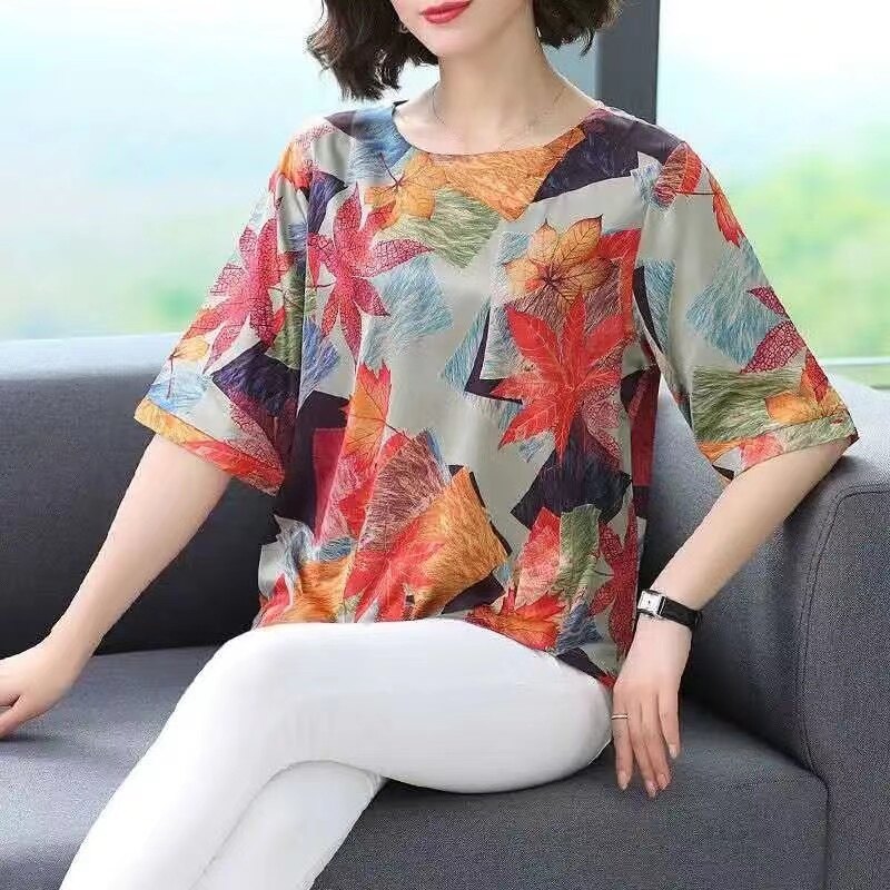 Women's Top T-shirt Small Fragmented Silk Women's Shirt Short Sleeve Summer Large Loose Silk Top Shirt