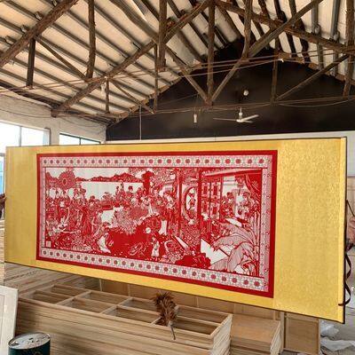 Folk arts and crafts paper-cut is mounted with a large horizontal silk scroll. It is a good gift. Paper-cut is a banner of a dream of Red Mansions