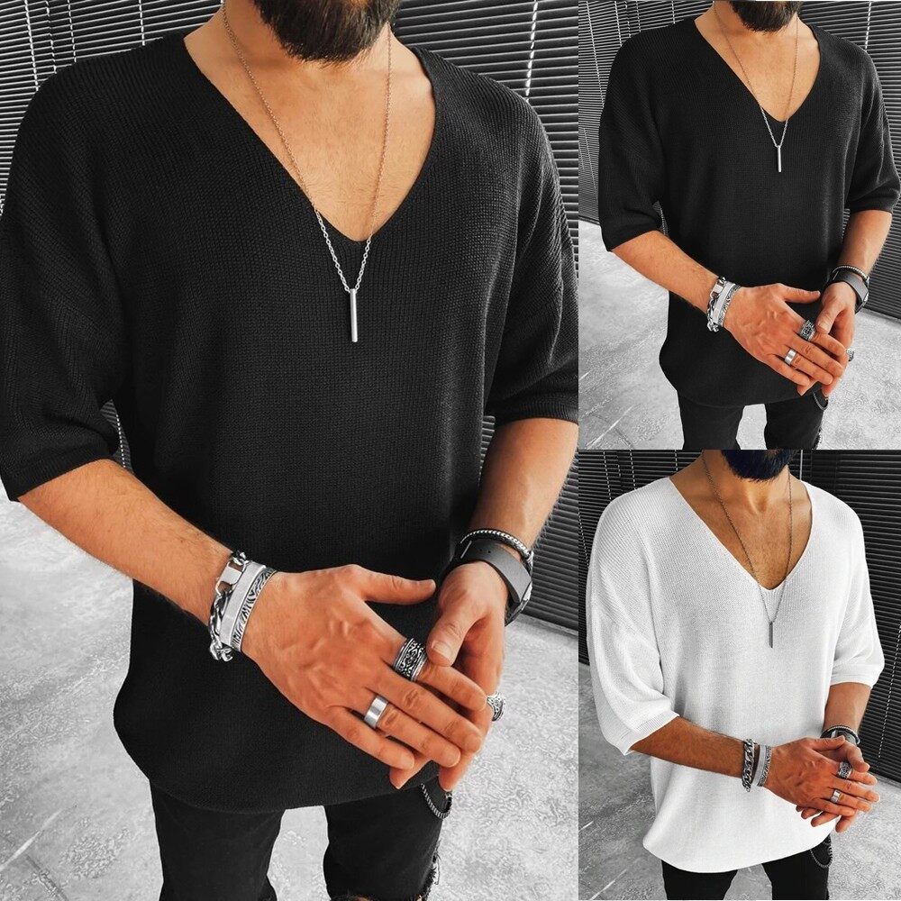 Summer Fashion Mens V-neck Short Sleeve Slim Fit T-shirts Male Solid ...