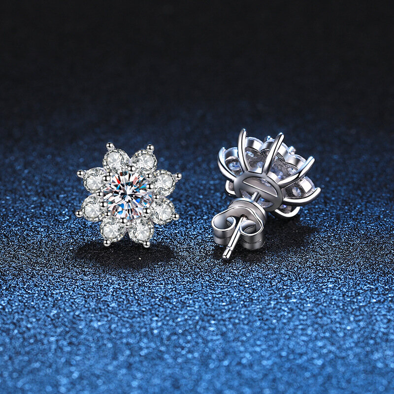 Bestone S925 Sterling Silver Earrings Sun Flower Earrings 1 Carat D Color Moissanite Earrings for Women