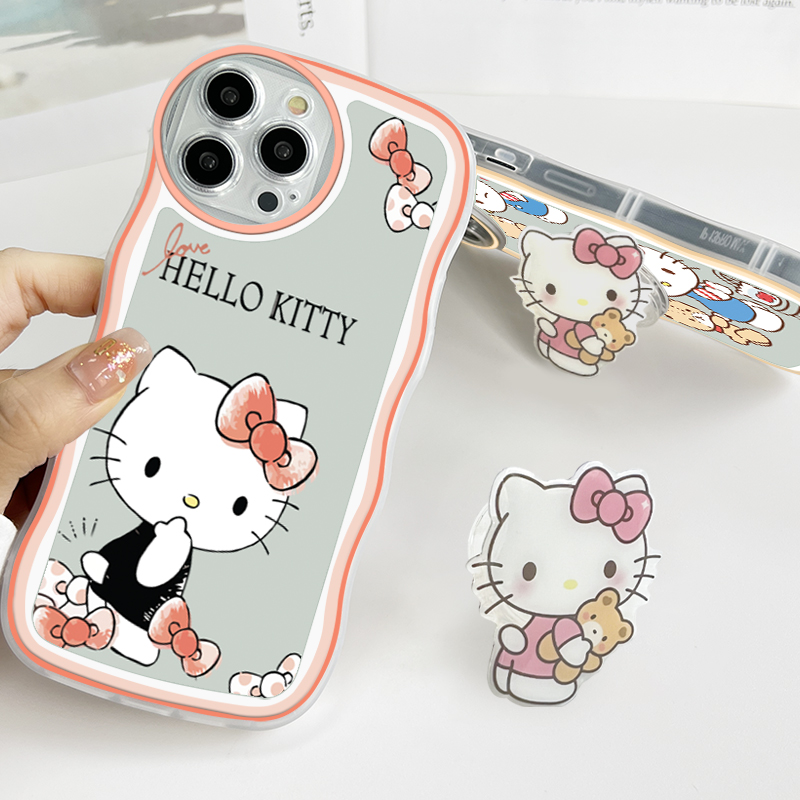 (With Free Holder) Jizetin Phone Casing For Xiaomi Redmi Note 10 Note 10S Note 10 Pro Note 10 5G Note 9 Note 8 Fashion Soft Wavy Phone Case Hello Kity Cat Cartoon Shockproof Cellphone Casing Full Cover Camera Protection